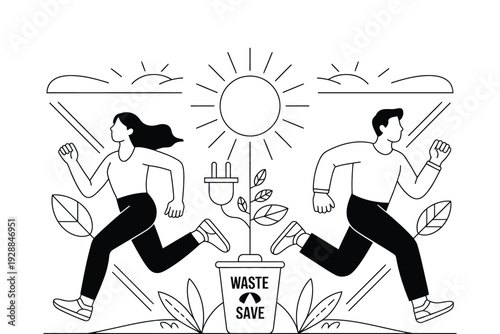 Eco friendly illustration of people running towards a sustainable future