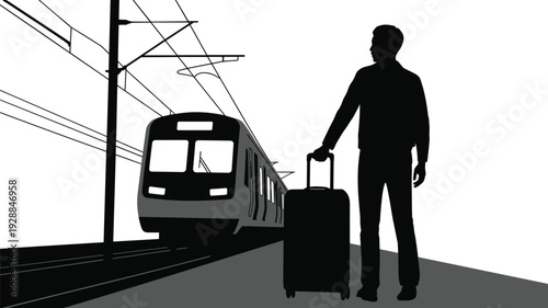 Man with suitcase waiting for train, railway station travel silhouette isolated on white background vector illustration commuting journey concept