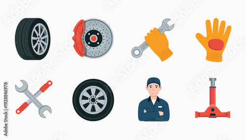 Set of 8 vector icons for auto repair and mechanics, featuring a car wheel, brake disc, wrenches, work gloves, a mechanic, and a car jack, ideal for service businesses.
