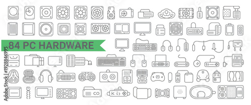 Comprehensive set of 84 PC hardware icons in a clean line art style, featuring components like CPUs, fans, motherboards, monitors, keyboards, and peripherals for technology and computing themes.