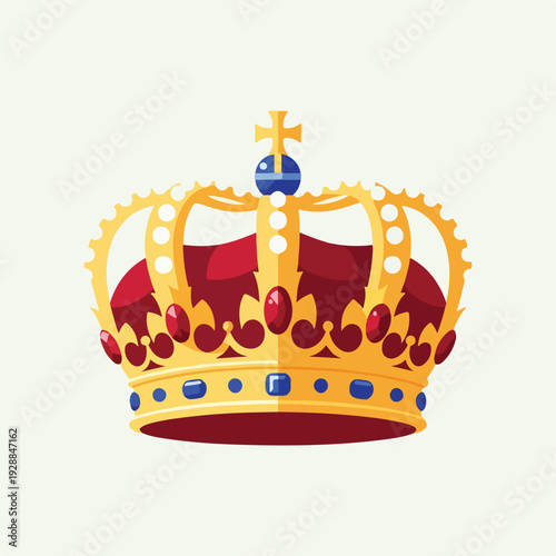 A gold and red ornate crown, adorned with jewels, on a light background