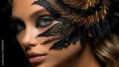 Wallpaper Mural Stunning Close-Up of Woman with Intricate Feather Mask Torontodigital.ca