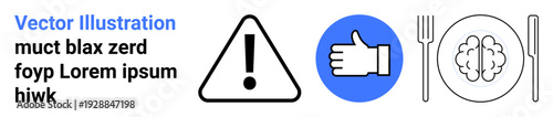 Safety warnings, approval systems, eating habits, mental awareness, decision-making, education. Exclamation mark in triangle, thumbs-up icon brain with cutlery on a plate. Safety warnings
