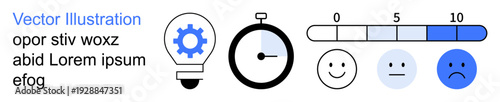 Workflow management, productivity tools, survey feedback, time tracking, task optimization, user interface tools. Gear in a bulb, a stopwatch scale and emotions. Workflow management