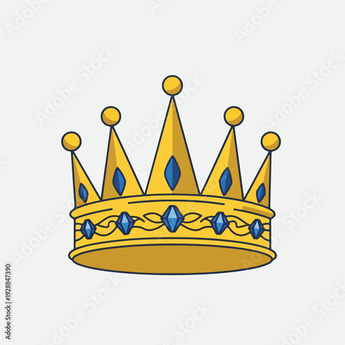 A golden crown with blue jewels and ornate details on a light grey background