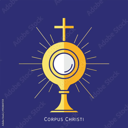 A golden, decorative depiction of a religious icon with rays and a cross