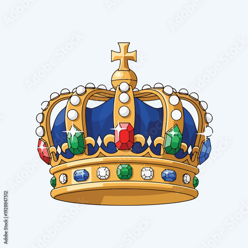 A golden crown with red, blue, green gemstones and pearls, with a cross