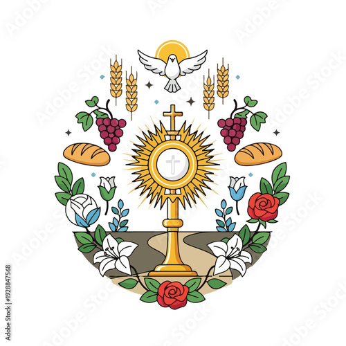 A golden eucharist surrounded by religious and floral symbols