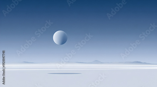 Solitary Pale Blue Geometric Sphere Hovering Over A Flat Minimalist White Landscape
