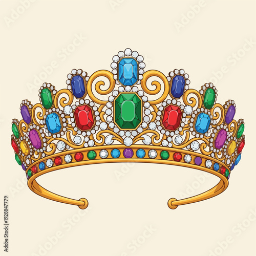 A golden tiara with intricate filigree and colorful, sparkling gemstones