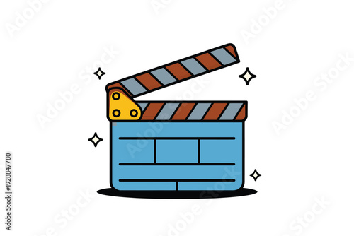A blue film clapperboard with an orange and white striped handle