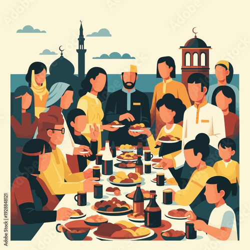 Muslim Family and Friends Gathering for Iftar Dinner Celebration