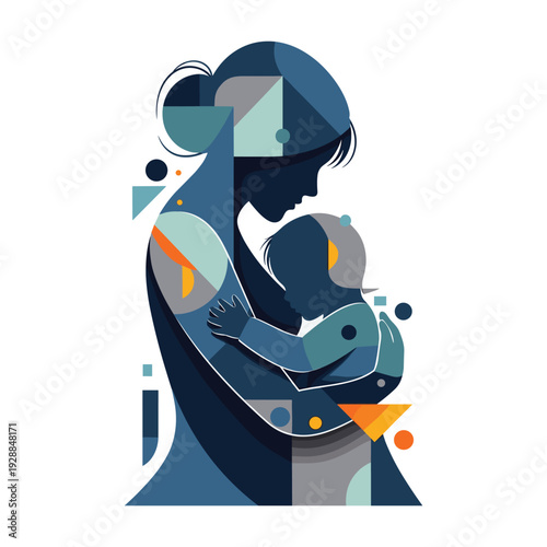Mother tenderly holding baby in modern geometric art style