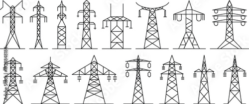 Electric power transmission tower set line art illustration isolated on white background high voltage energy infrastructure vector collection