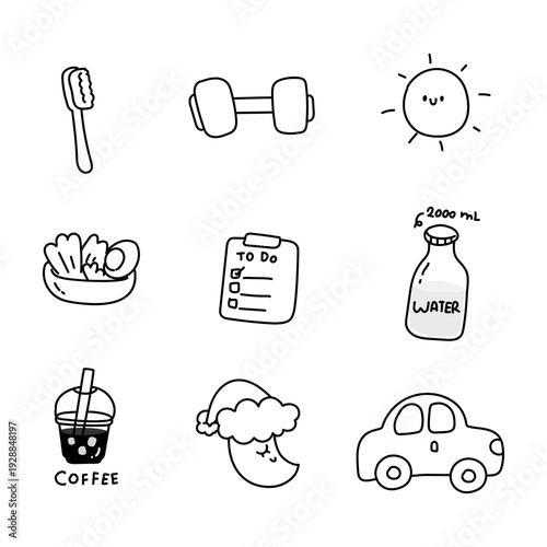 Daily routine doodle vector icons set for digital planner and healthy lifestyle journal elements