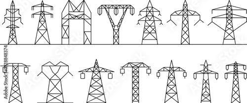 Electric power transmission tower collection line art illustration isolated on white background high voltage energy infrastructure vector set