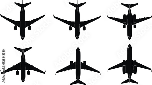 Black silhouette collection of modern commercial airplanes and passenger jet aircraft top view isolated on white background for aviation travel and transport design