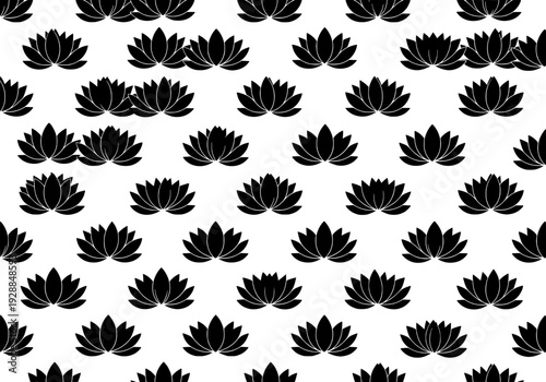 A repeating pattern of black flowers arranged in rows on a clean white background viewed from directly above