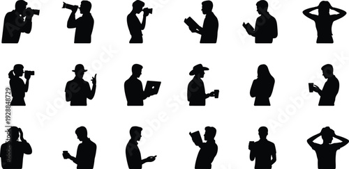 Collection of diverse human silhouette poses showing everyday activities like reading, drinking, working, and photography in minimalist vector design