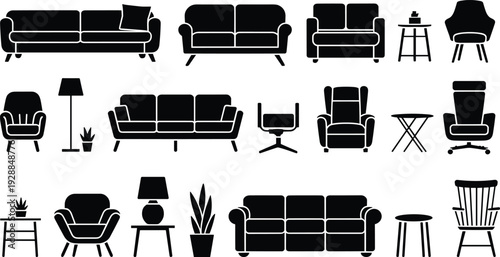Collection of furniture silhouettes including sofas, armchairs, lounge chairs, tables, lamps, and plants for interior design vector illustration