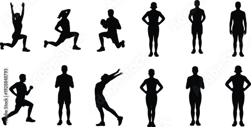 Collection of human silhouettes in athletic and standing poses showing fitness, sports, motion, and lifestyle activities in vector design