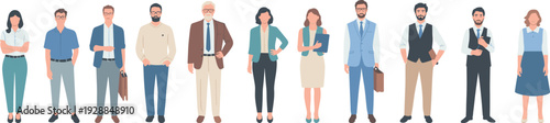 Diverse group of business professionals standing together in corporate attire, workplace team illustration for HR, office, and presentation design