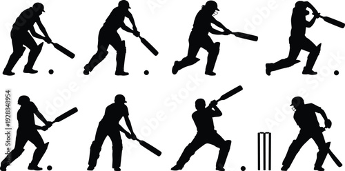 Dynamic cricket batting silhouettes collection showcasing diverse player stances, sports action poses, bats, balls, and stumps for design projects