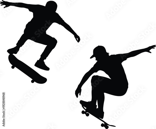 Dynamic skateboarder silhouettes performing aerial tricks and stunts mid-air, showcasing extreme sports action for vector design and artwork projects