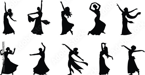 Elegant dancer silhouettes collection showcasing expressive poses, flowing dresses, and graceful movements for cultural, artistic, and vector design projects