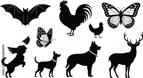 Animal silhouettes collection featuring bat, rooster, butterfly, hen, dog, and deer designs for wildlife, pet, and vector artwork projects