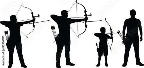 Black silhouette illustration of archers with bows and arrows, showing progression from child to adult, symbolizing training and generational skill