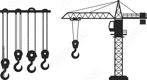 Black silhouette illustration showing multiple pulley systems alongside a tall tower crane with hook and jib, symbolizing lifting equipment in construction