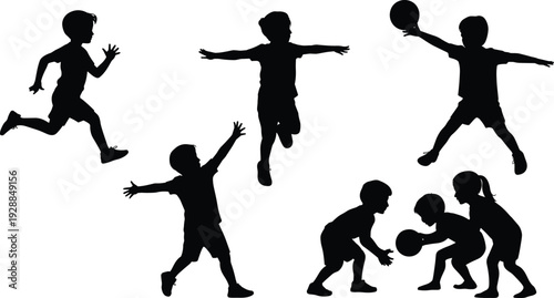 Black silhouette illustrations of children running, jumping, playing with ball, and engaging in energetic youth physical activities collection