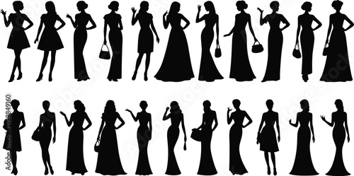 Elegant women silhouette collection, fashionable female models in evening gowns with handbags isolated on white background fashion concept