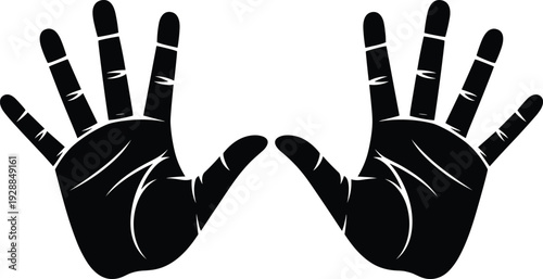 Black silhouette of two human hands with palms open and fingers spread apart, symbolizing stop, openness, caution, or communication gesture