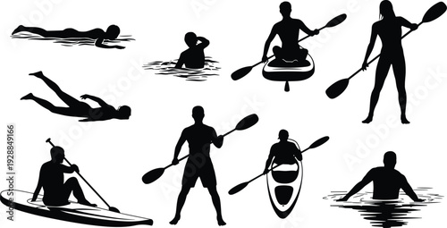 Black silhouette illustrations of people swimming, kayaking, paddleboarding, and engaging in diverse aquatic sports and water activities collection