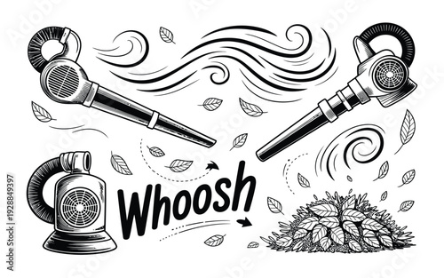 A leaf blower illustration with a whoosh effect and blowing leaves