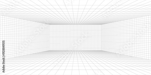 Wireframe grid room. 3d perspective background. Futuristic digital outline space. Black and white geometric design. Vector template illustration. Angle point of view.
