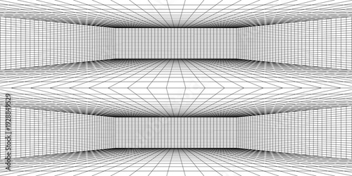 Wireframe grid room. 3d perspective background. Futuristic digital outline space. Black and white geometric design. Vector template illustration. Angle point of view.