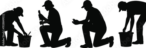 Plumber worker silhouette set, kneeling technician repairing pipes with tools and bucket maintenance service isolated on white background