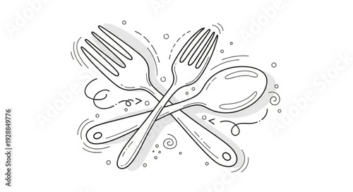 Hand drawn illustration of crossed fork and spoon.