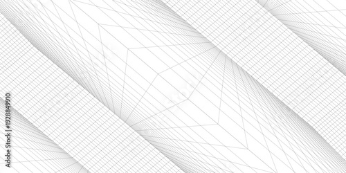 Wireframe grid room. 3d perspective background. Futuristic digital outline space. Black and white geometric design. Vector template illustration. Angle point of view.