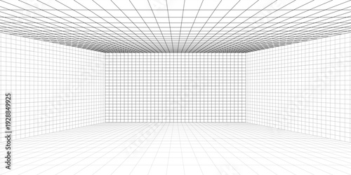 Wireframe grid room. 3d perspective background. Futuristic digital outline space. Black and white geometric design. Vector template illustration. Angle point of view.