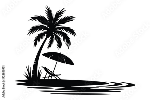 Palm tree shoreline silhouette vector illustration, tropical summer beach scene with coastal horizon, ocean waves, island paradise landscape in minimalist black design for travel, vacation, and sunset