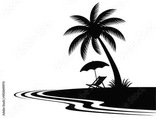 Palm tree shoreline silhouette vector illustration, tropical summer beach scene with coastal horizon, ocean waves, island paradise landscape in minimalist black design for travel, vacation, and sunset