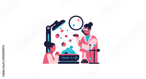 Two scientists conduct an experiment in a laboratory examining floating red crystals under a lamp and observing blue liquid in a beaker, Generative AI.