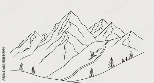 Hand drawn illustration of a skier descending a steep mountain slope.