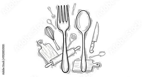 Hand drawn sketch of kitchen utensils and cutlery.