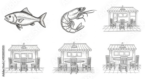 Hand drawn sketch of fish and shrimp with beachside restaurants.