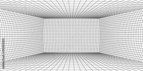 Wireframe grid room. 3d perspective background. Futuristic digital outline space. Black and white geometric design. Vector template illustration. Angle point of view.